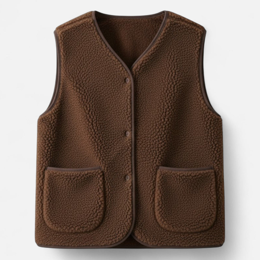 Rebecca | Gilet élégant sans manches en sherpa à col V et boutons pour femme