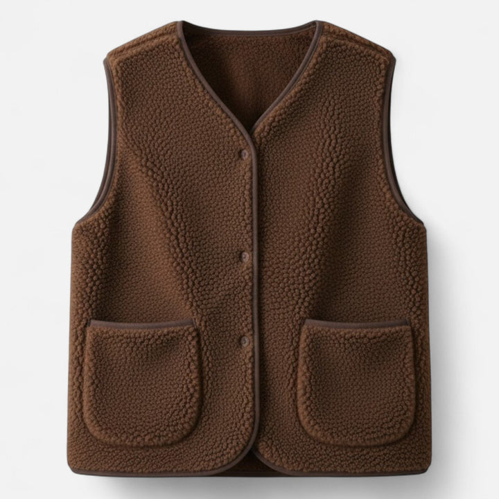 Rebecca | Gilet élégant sans manches en sherpa à col V et boutons pour femme