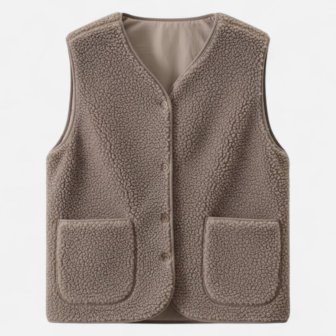 Rebecca | Gilet élégant sans manches en sherpa à col V et boutons pour femme