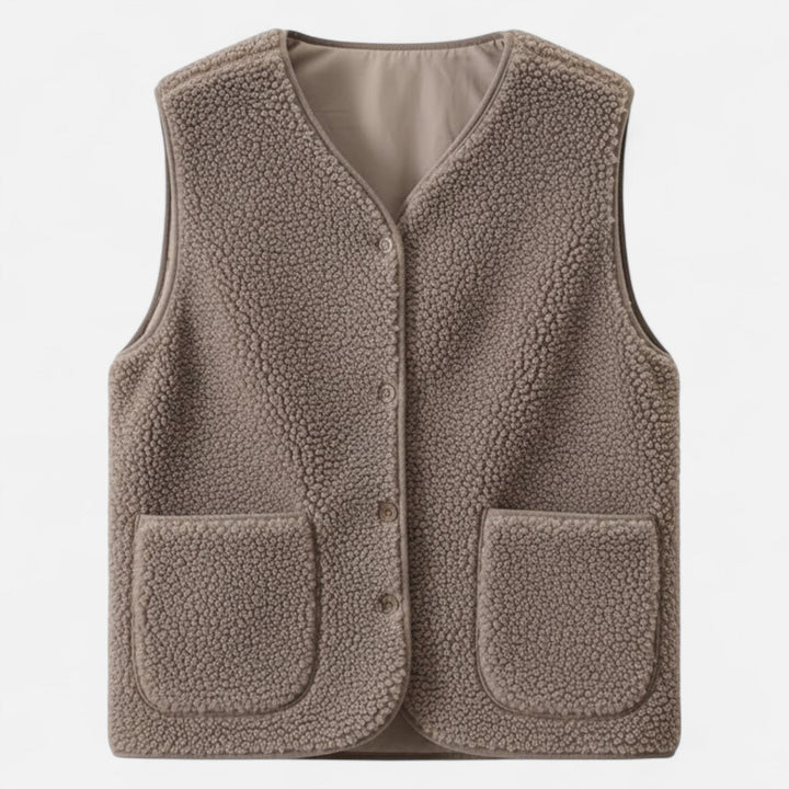 Rebecca | Gilet élégant sans manches en sherpa à col V et boutons pour femme