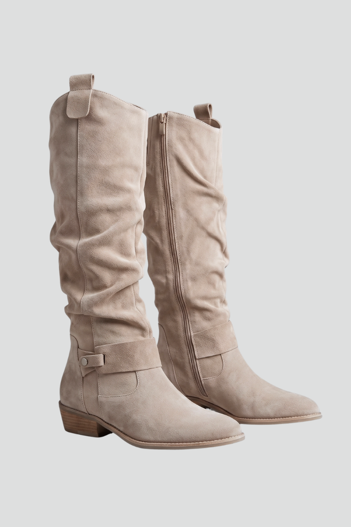 Roxane | Bottes chic en suédine froncées à fermeture zippée et talon bloc