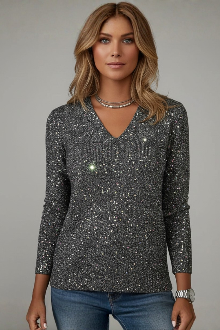 Brune | Pull chic en maille à col V à paillettes pour femme
