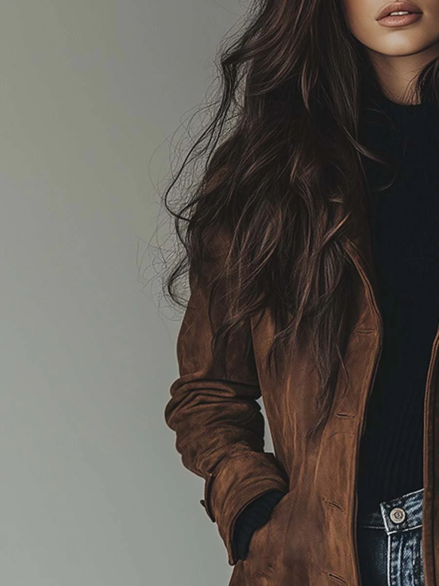 Juliane | Trench chic long en daim marron à double boutonnage pour femme