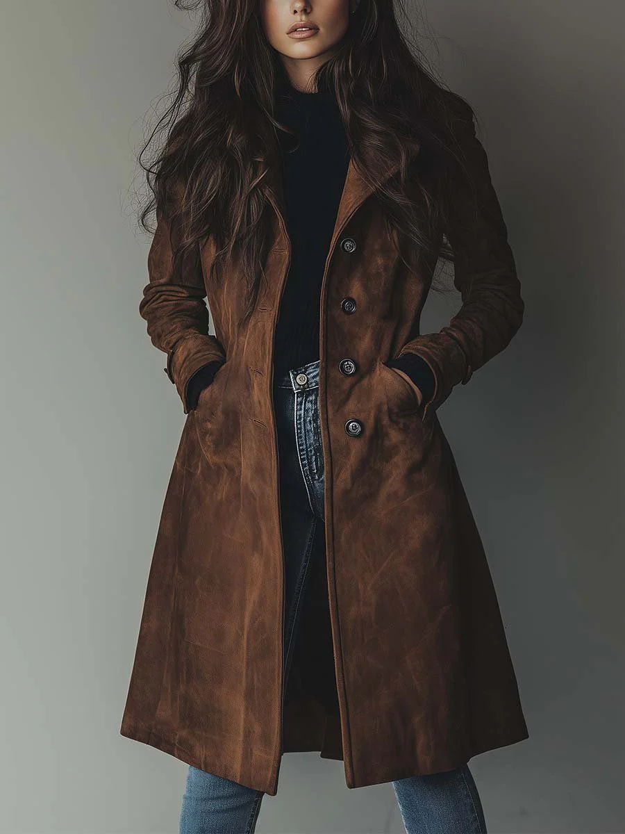 Juliane | Trench chic long en daim marron à double boutonnage pour femme