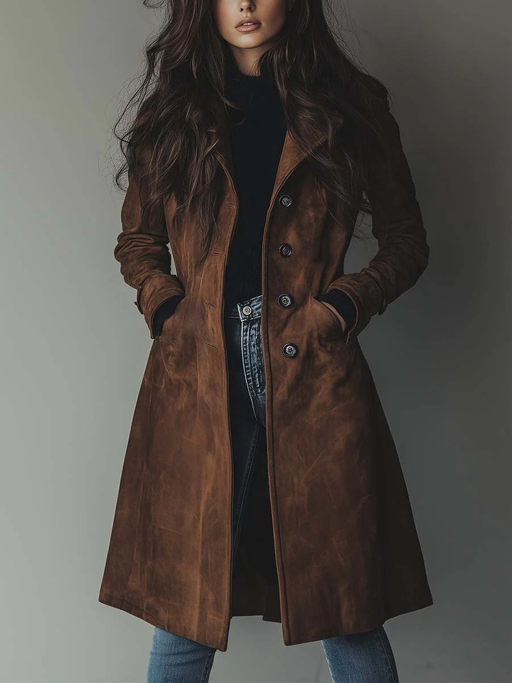 Juliane | Trench chic long en daim marron à double boutonnage pour femme