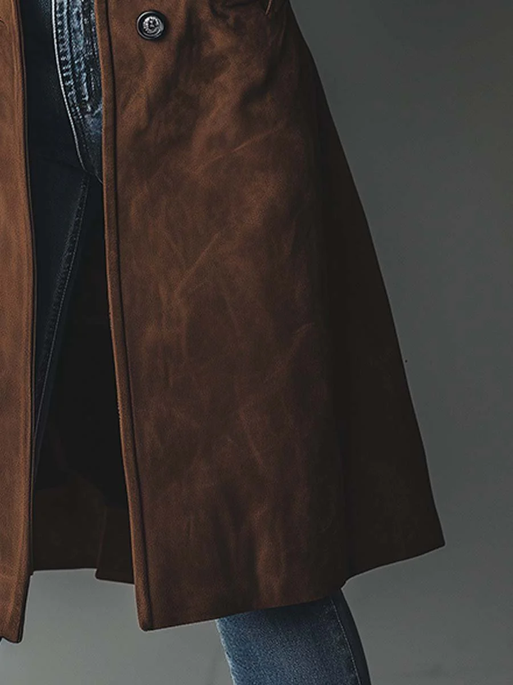 Juliane | Trench chic long en daim marron à double boutonnage pour femme