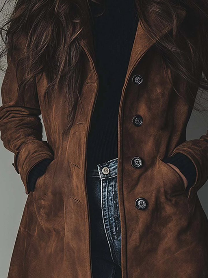 Juliane | Trench chic long en daim marron à double boutonnage pour femme