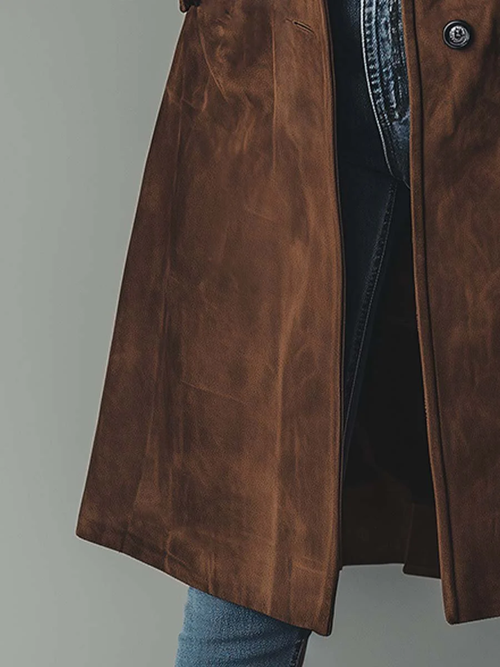 Juliane | Trench chic long en daim marron à double boutonnage pour femme