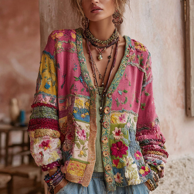 Amélie | Gilet élégant en maille patchwork à fleurs brodées pour femme