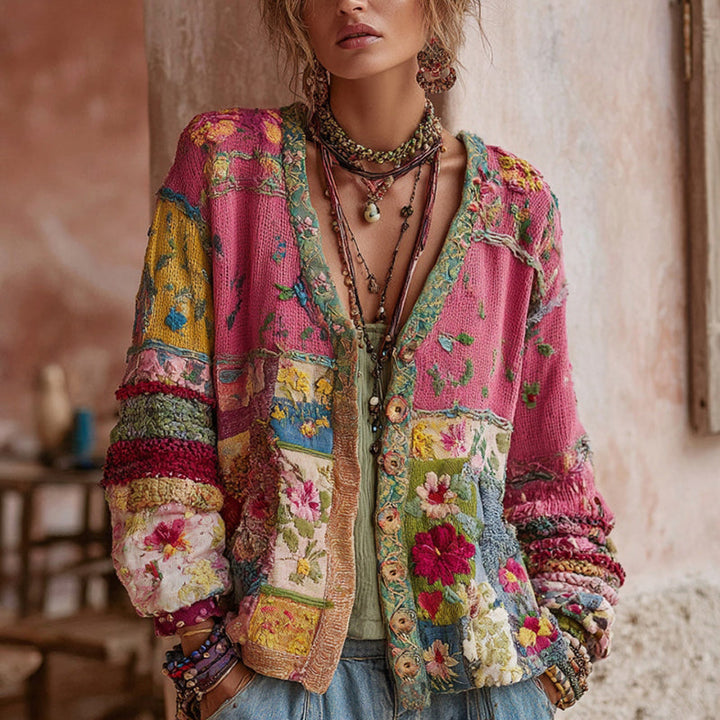 Amélie | Gilet élégant en maille patchwork à fleurs brodées pour femme