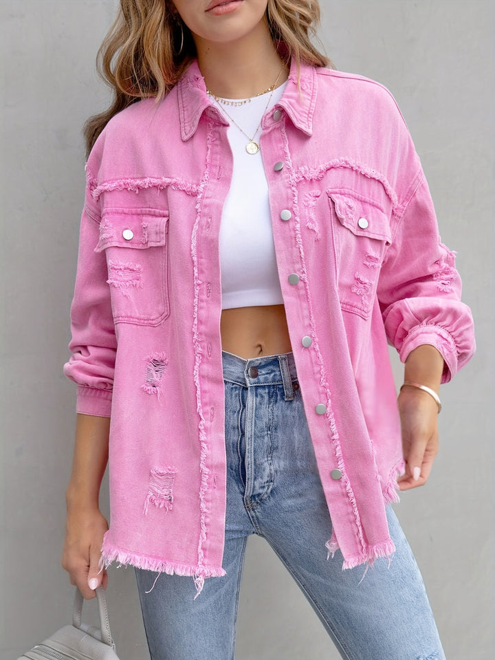 Charlotte | Veste chic en jean rose délavée à poches pour femme