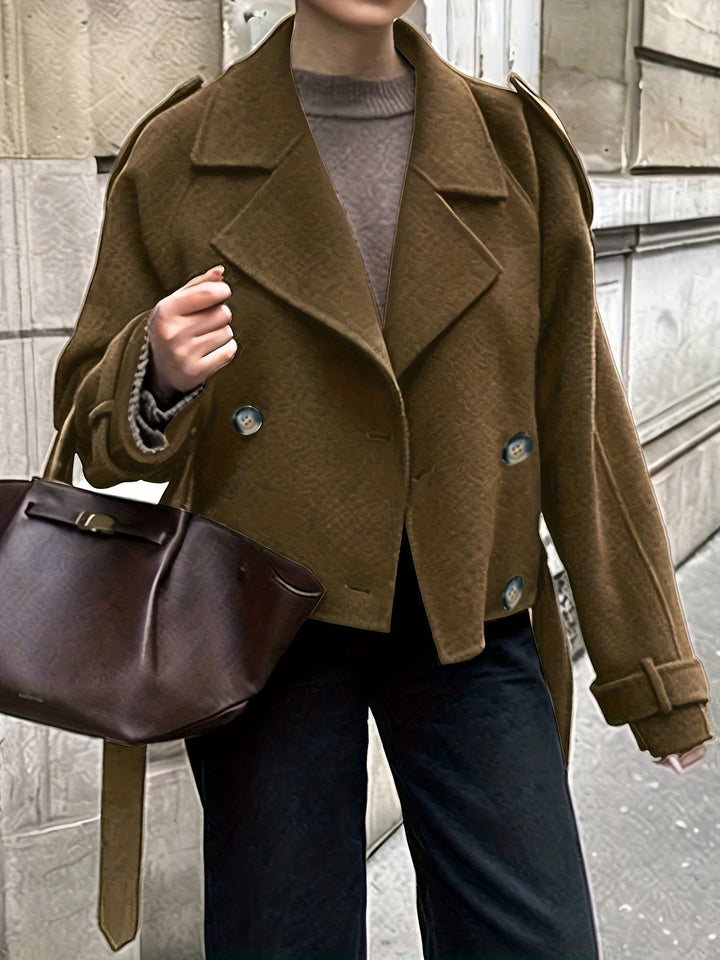 Swann | Caban chic oversize en laine marron à double boutonnage pour femme