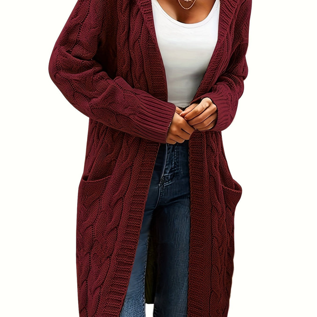 Chloé | Gilet long chic en maille torsadée à capuche pour femme