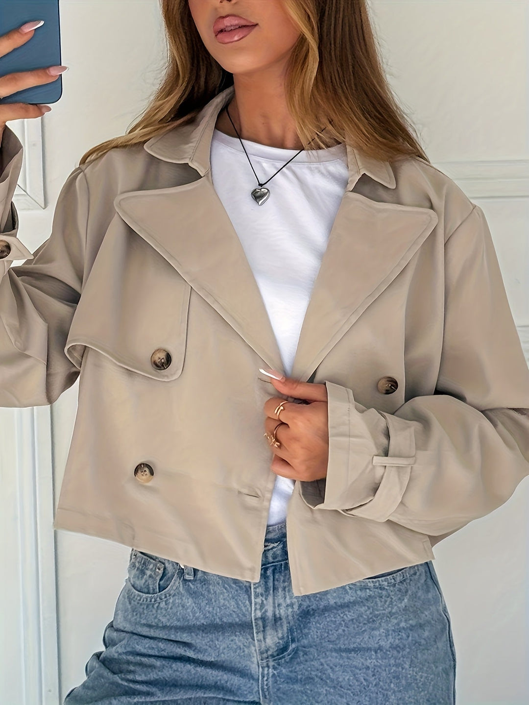 Marcelle | Caban chic court kaki à double boutonnage pour femme