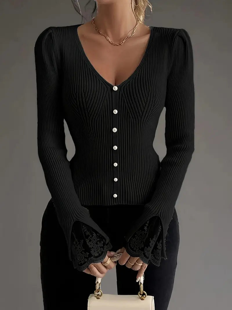 Louise | Pull chic à col en v et côtes pour femmes