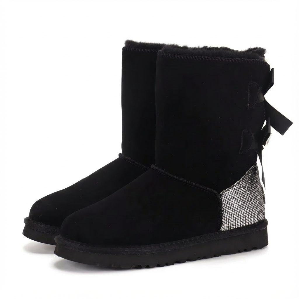 Aurore | Bottes chic en daim à nœuds pailletés et bordure en mouton pour femme