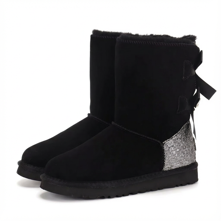 Aurore | Bottes chic en daim à nœuds pailletés et bordure en mouton pour femme
