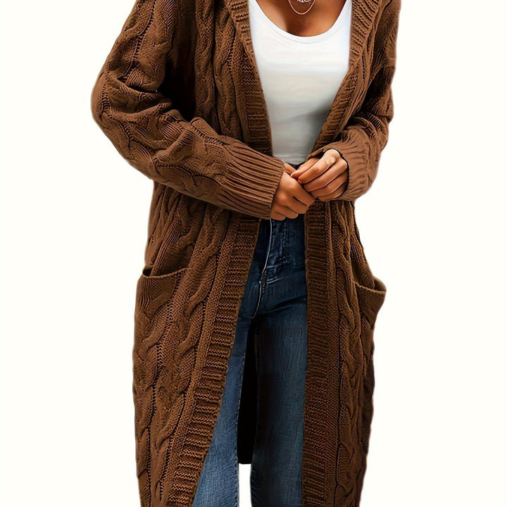 Chloé | Gilet long chic en maille torsadée à capuche pour femme