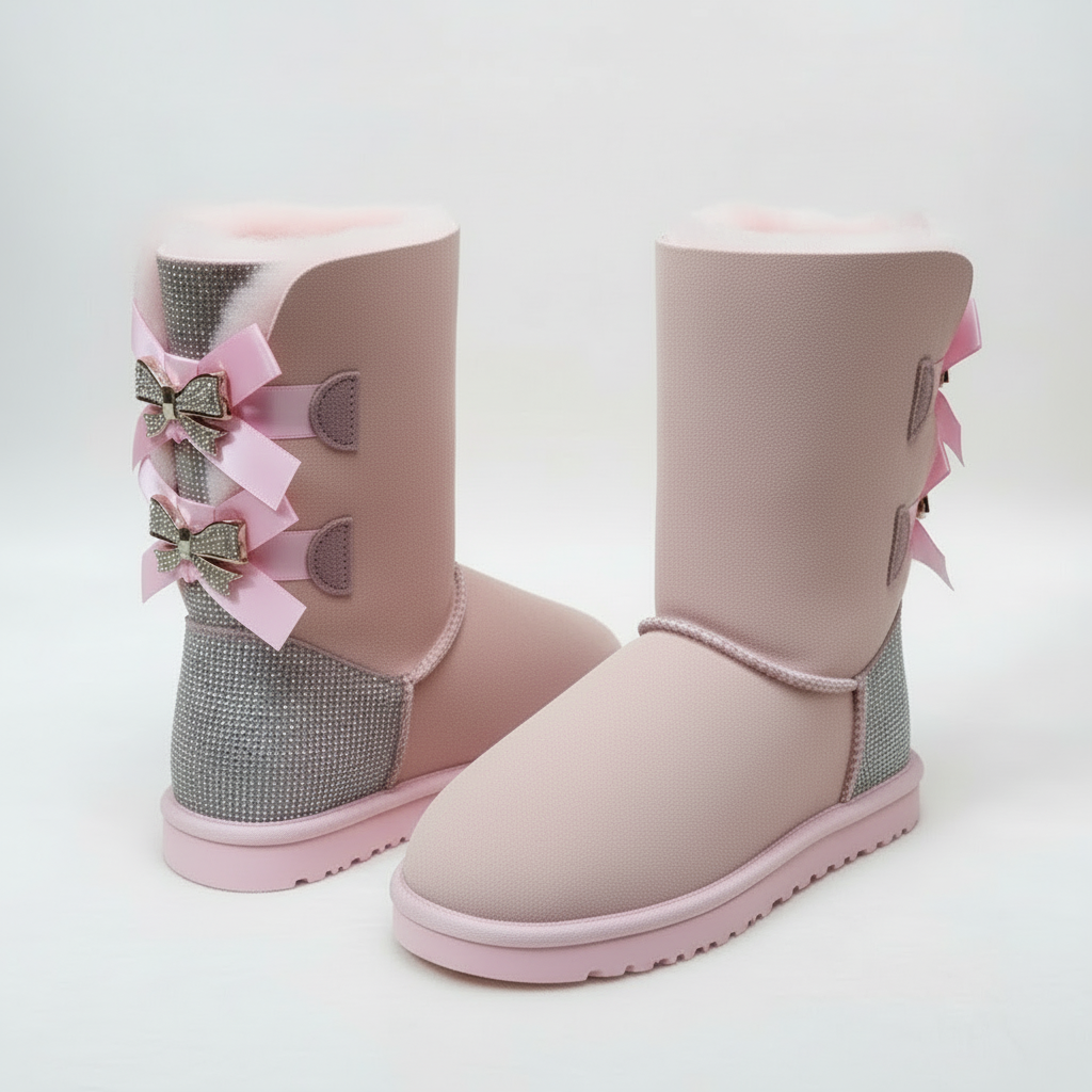 Aurore | Bottes chic en daim à nœuds pailletés et bordure en mouton pour femme