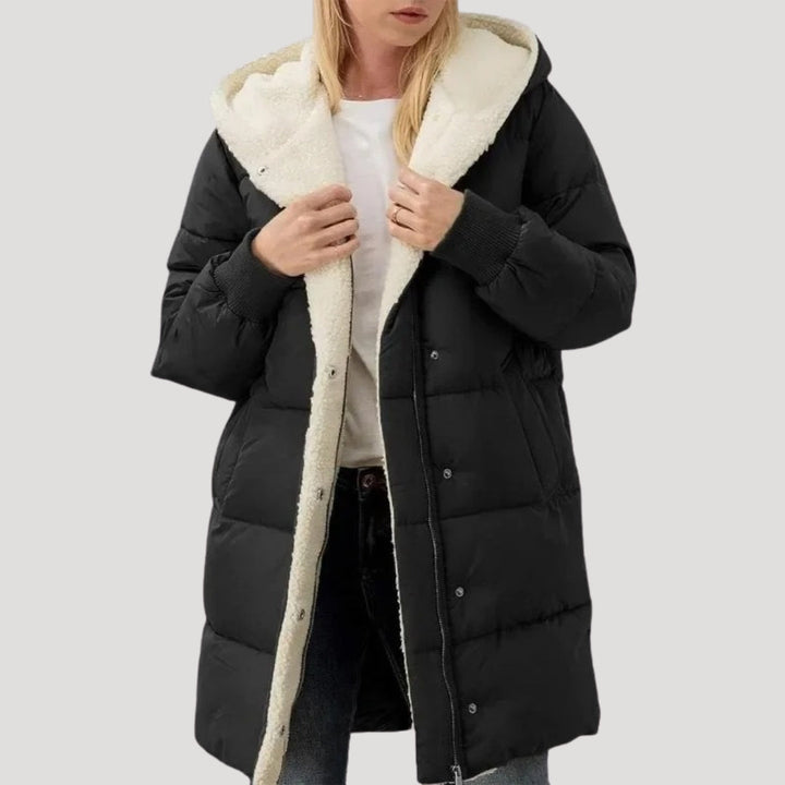 Rachel | Doudoune chic longue matelassée zippée à capuche et doublure teddy pour femme