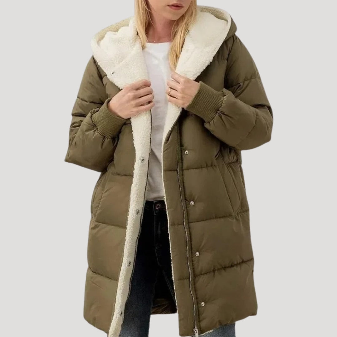Rachel | Doudoune chic longue matelassée zippée à capuche et doublure teddy pour femme