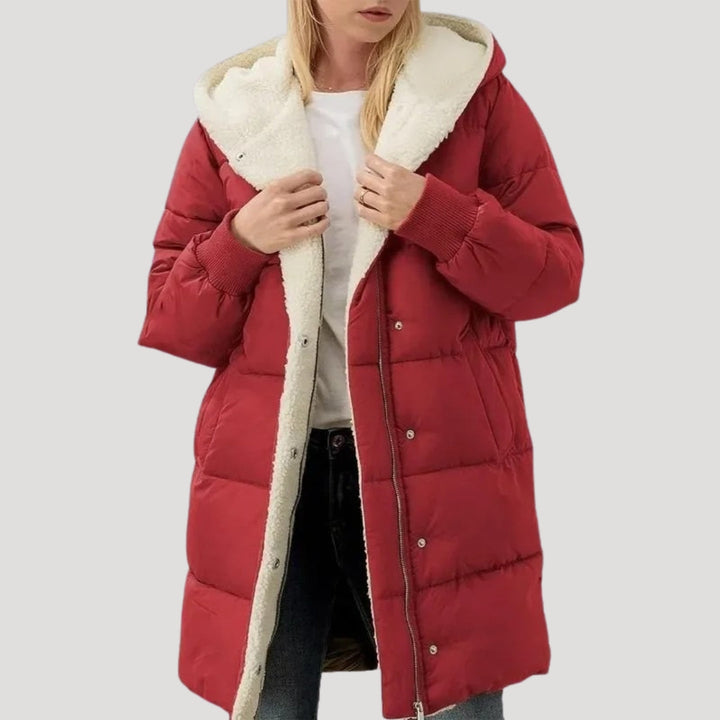 Rachel | Doudoune chic longue matelassée zippée à capuche et doublure teddy pour femme