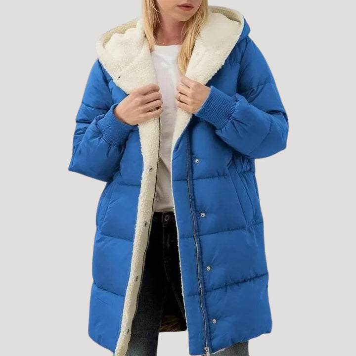 Rachel | Doudoune chic longue matelassée zippée à capuche et doublure teddy pour femme