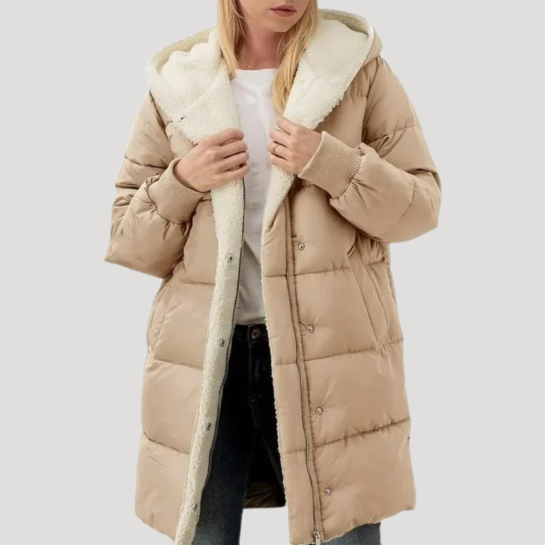 Rachel | Doudoune chic longue matelassée zippée à capuche et doublure teddy pour femme