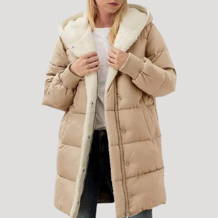 Rachel | Doudoune chic longue matelassée zippée à capuche et doublure teddy pour femme