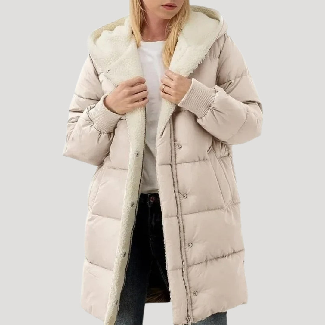 Rachel | Doudoune chic longue matelassée zippée à capuche et doublure teddy pour femme