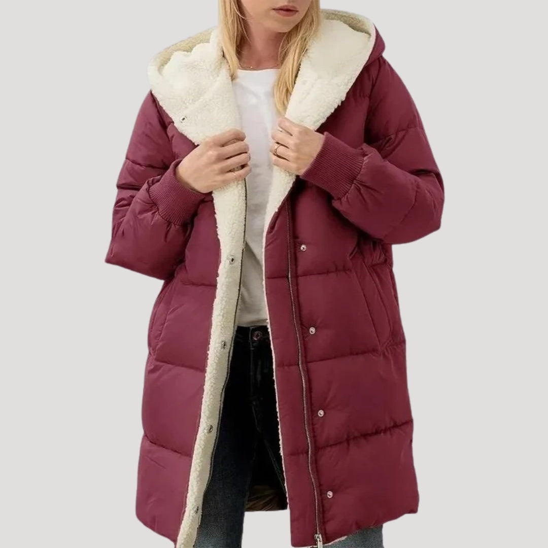 Rachel | Doudoune chic longue matelassée zippée à capuche et doublure teddy pour femme
