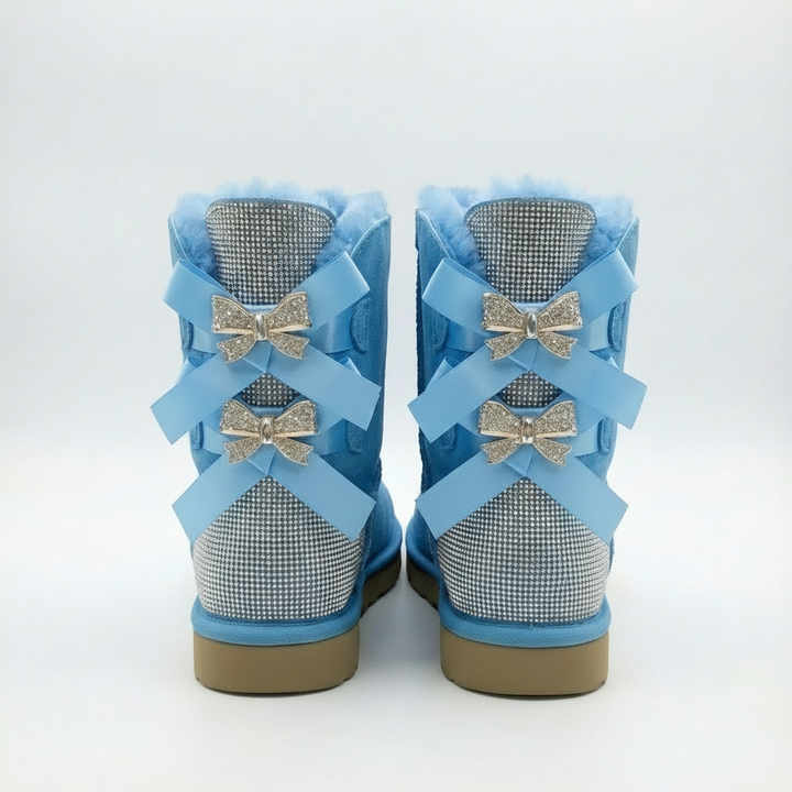Aurore | Bottes chic en daim à nœuds pailletés et bordure en mouton pour femme