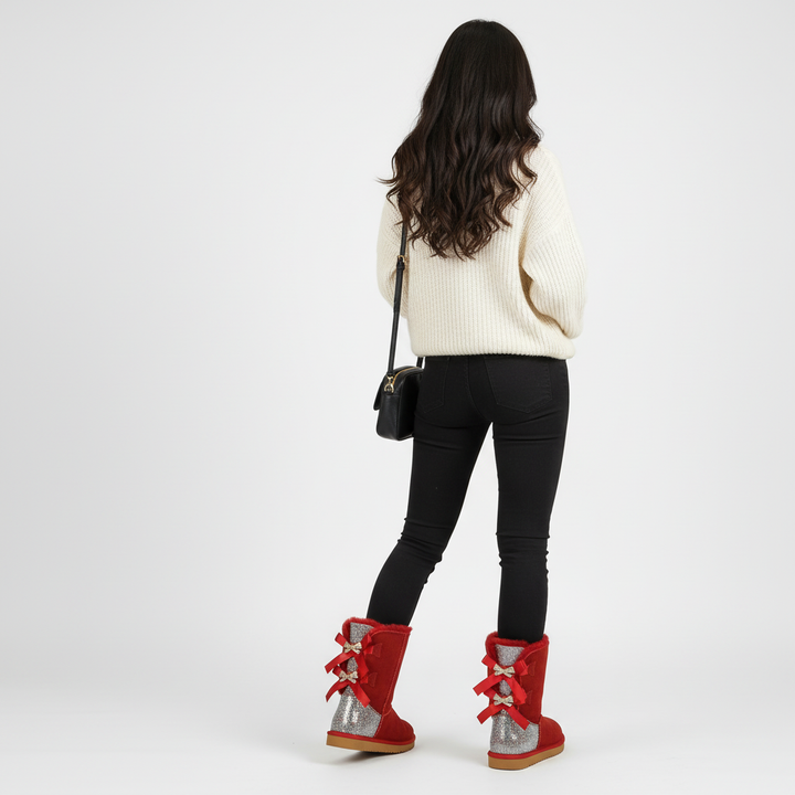Aurore | Bottes chic en daim à nœuds pailletés et bordure en mouton pour femme