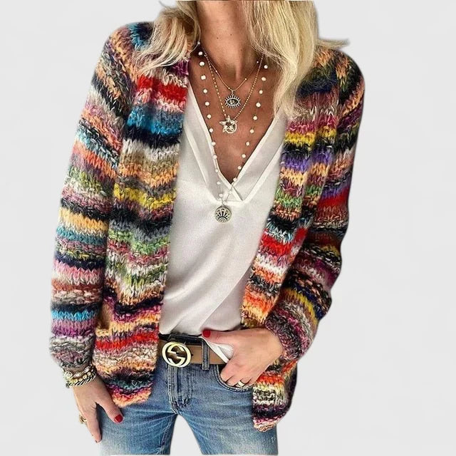 Adélaïde | Cardigan élégant long rayé multicolore en grosse maille pour femme