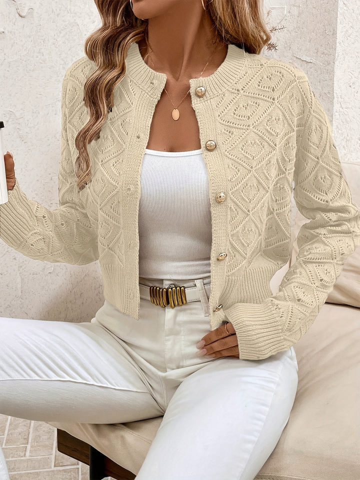 Giulia | Cardigan élégant court en maille texturée à col rond et boutons pour femme