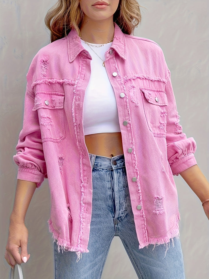 Charlotte | Veste chic en jean rose délavée à poches pour femme