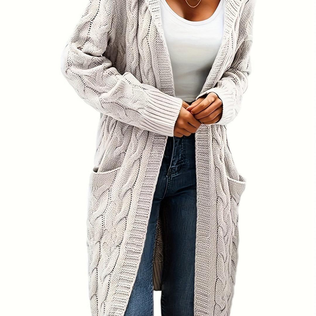 Chloé | Gilet long chic en maille torsadée à capuche pour femme