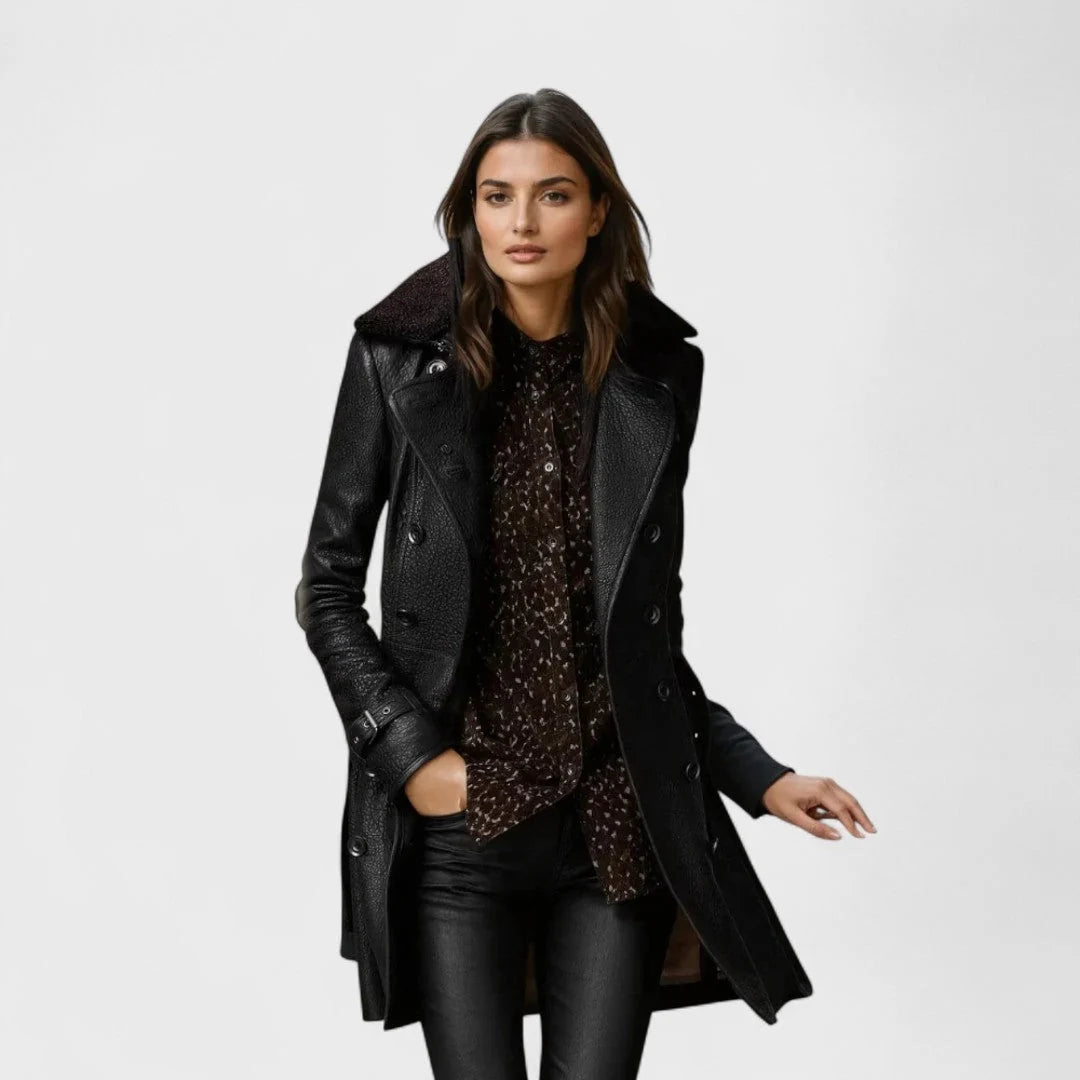 Marie | Manteau 3/4 élégant en cuir à col en fourrure et double boutonnage pour femme
