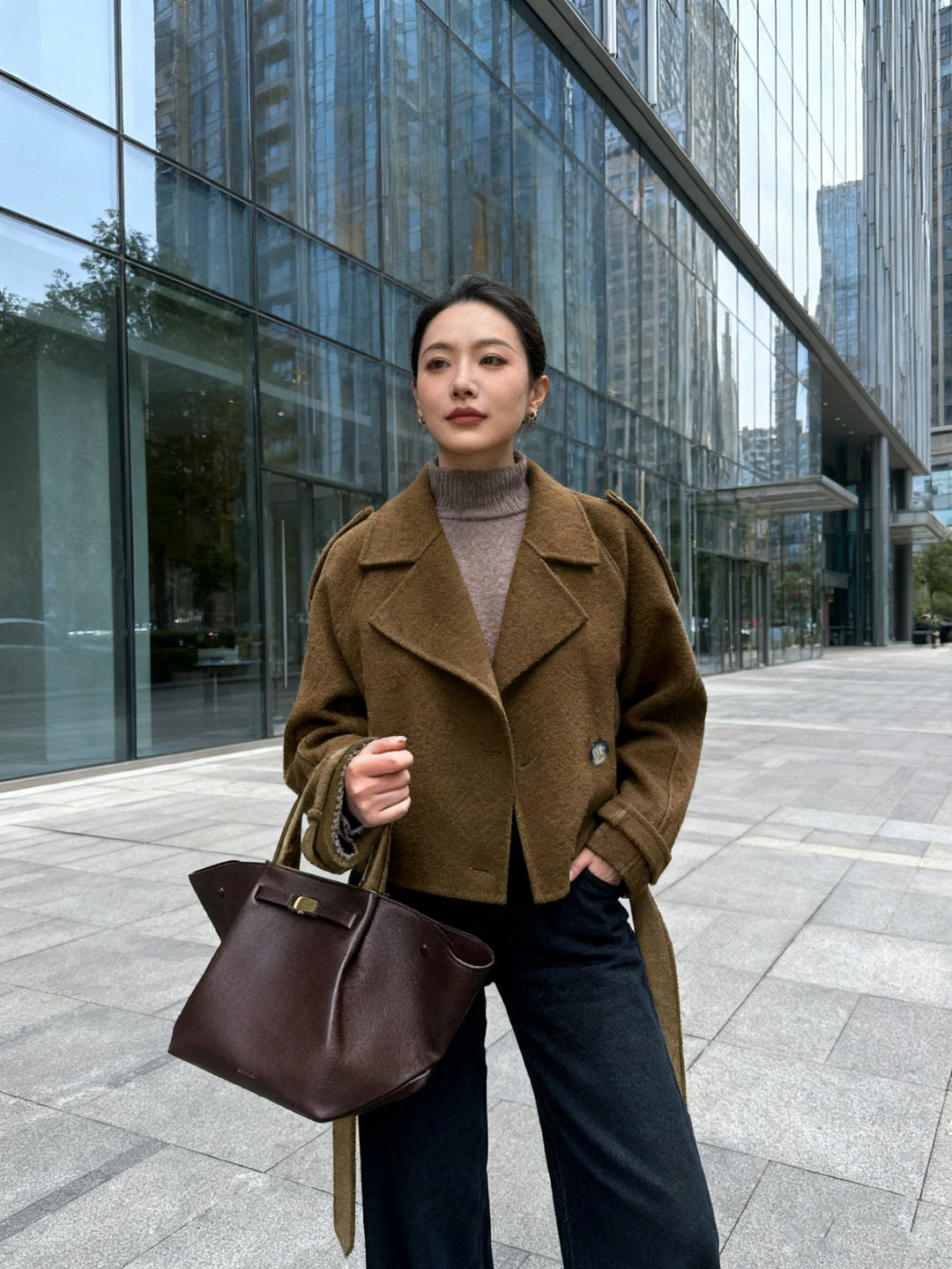 Swann | Caban chic oversize en laine marron à double boutonnage pour femme