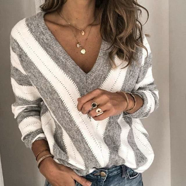 Anaïs | Pull chic rayé à col v pour femmes
