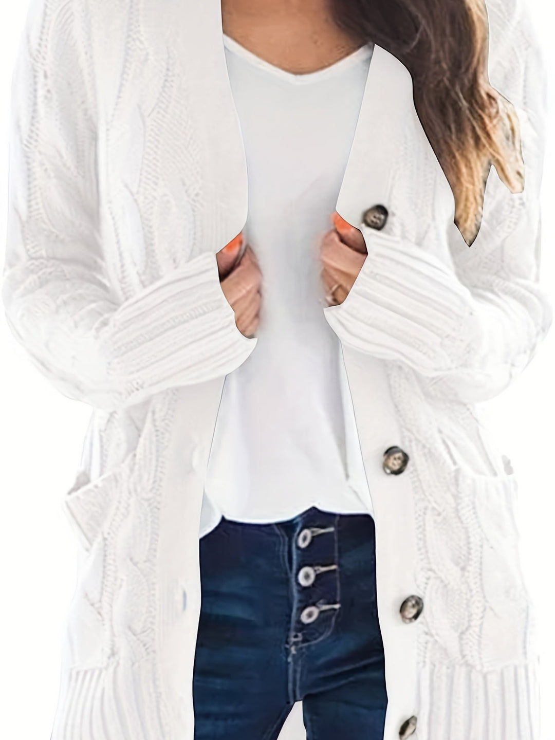 Nathalie | Gilet chic en maille torsadée à col V et boutons pour femme