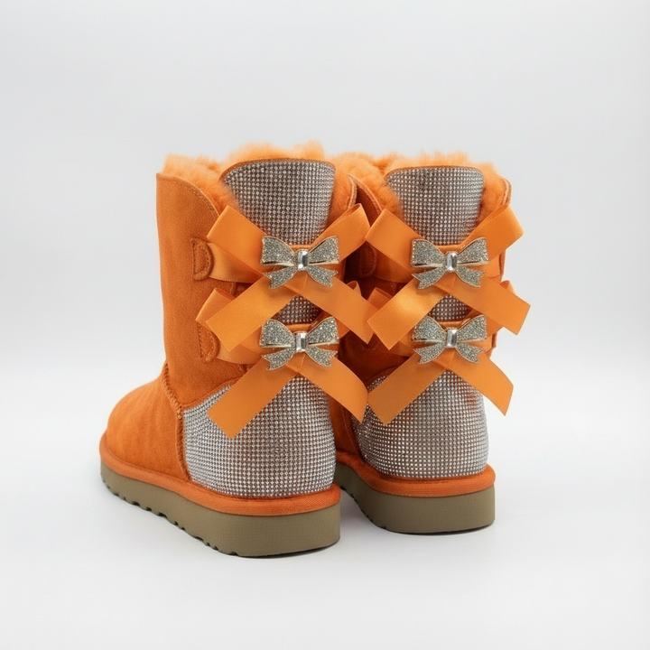 Aurore | Bottes chic en daim à nœuds pailletés et bordure en mouton pour femme