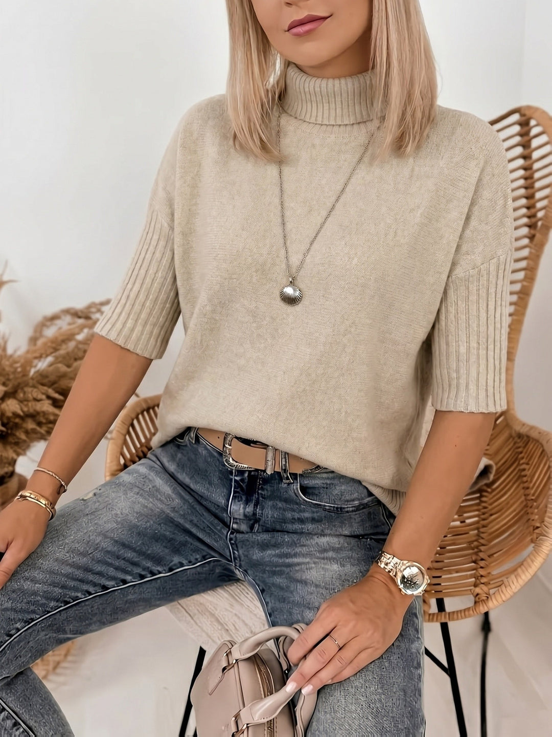 Thérèse | Pull élégant oversize en maille côtelée à col roulé pour femme