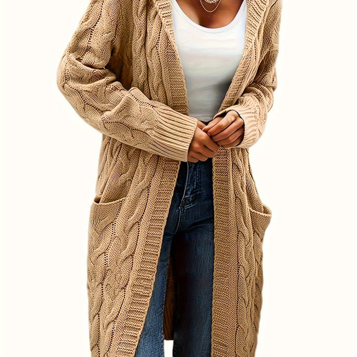 Chloé | Gilet long chic en maille torsadée à capuche pour femme
