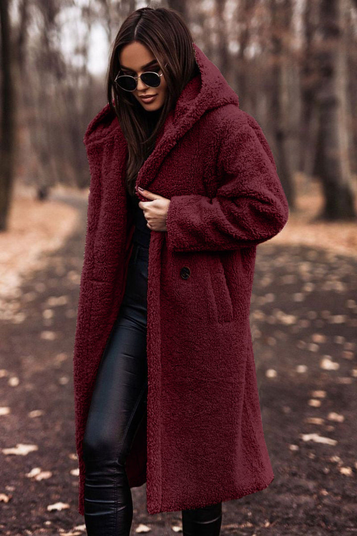 Amandine | Manteau chic long en fausse fourrure teddy à capuche pour femme