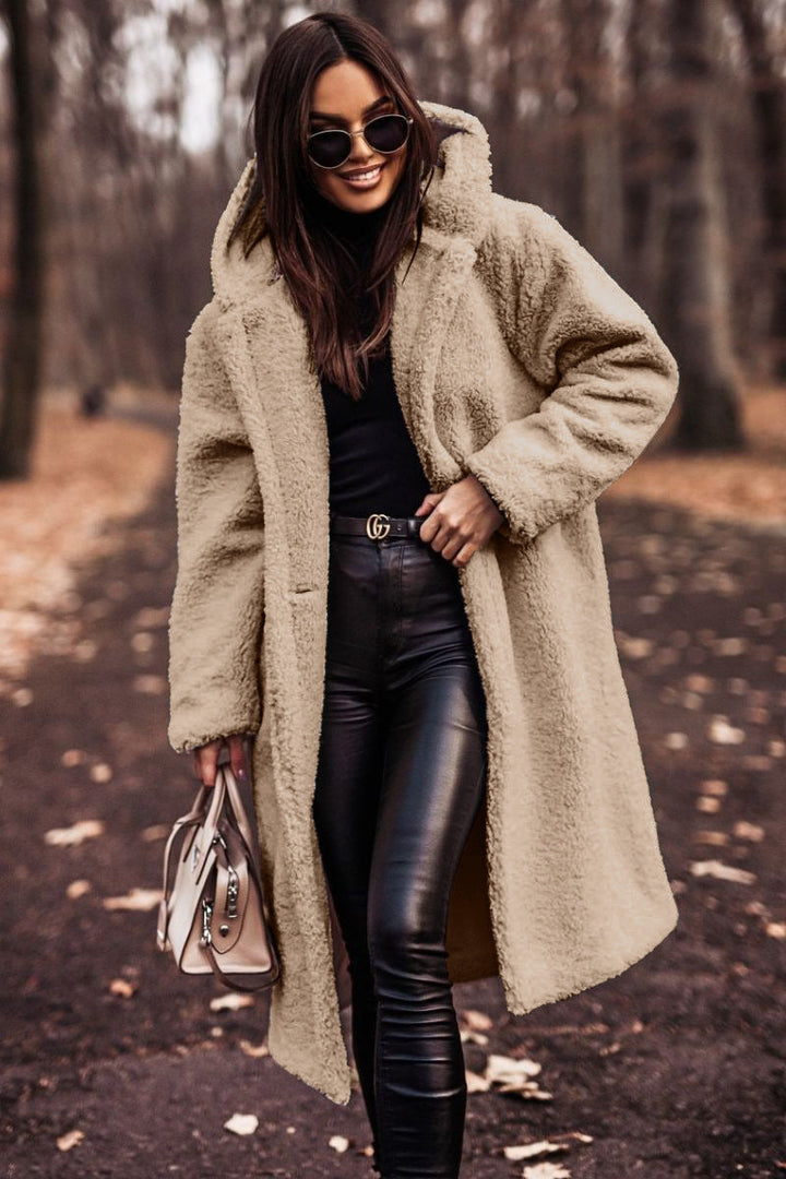 Amandine | Manteau chic long en fausse fourrure teddy à capuche pour femme