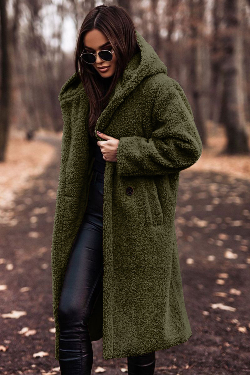 Amandine | Manteau chic long en fausse fourrure teddy à capuche pour femme