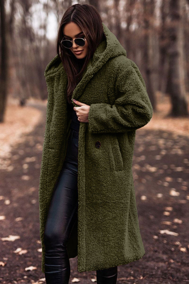 Amandine | Manteau chic long en fausse fourrure teddy à capuche pour femme