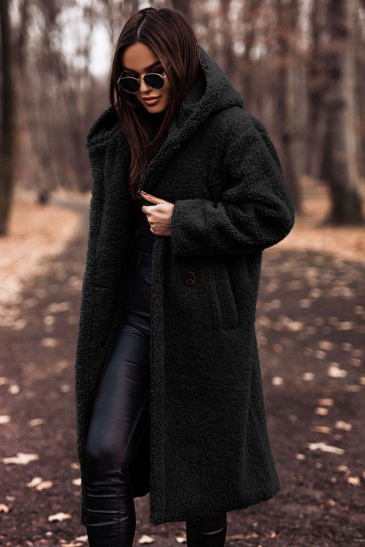 Amandine | Manteau chic long en fausse fourrure teddy à capuche pour femme