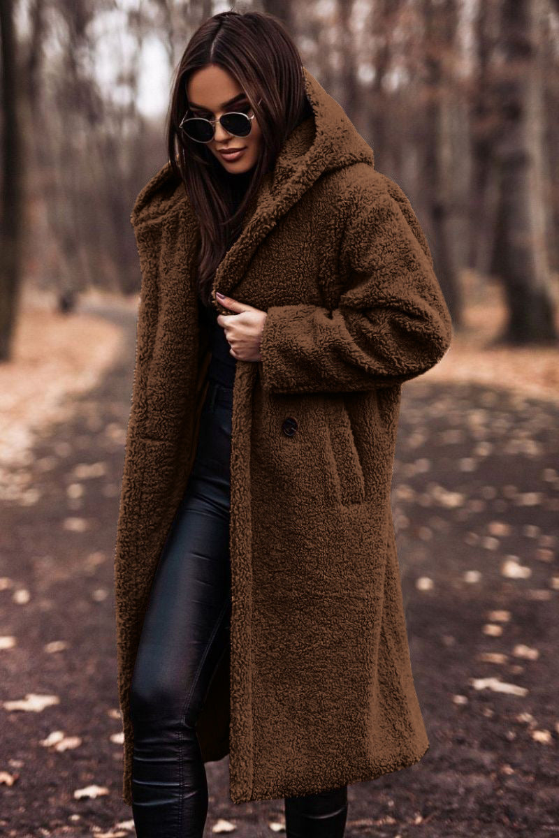 Amandine | Manteau chic long en fausse fourrure teddy à capuche pour femme